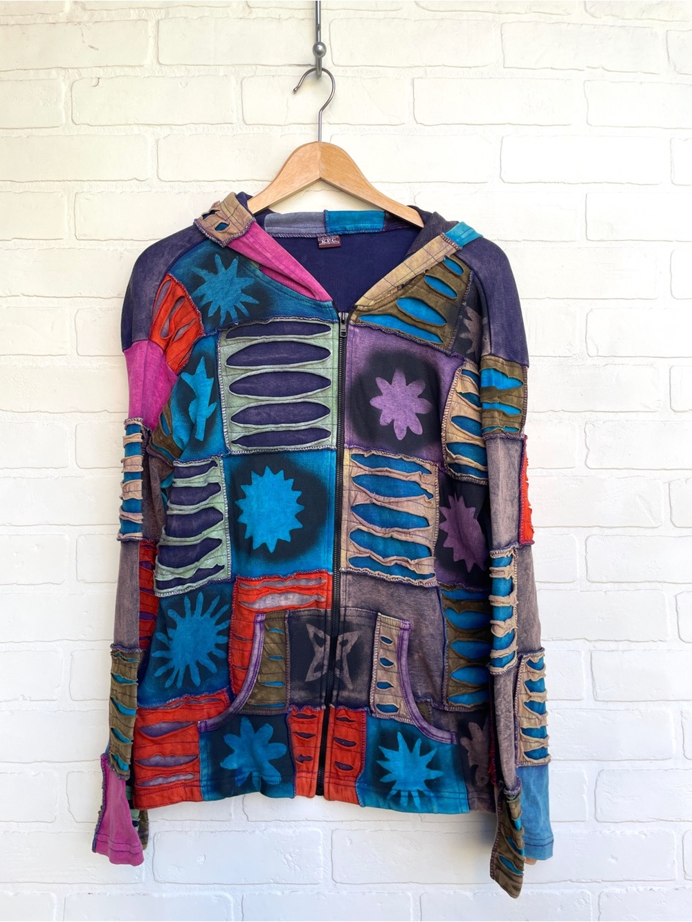 Colorblock Patchwork Zip Hoodie in Teal, Purple & Red Y2K cotton